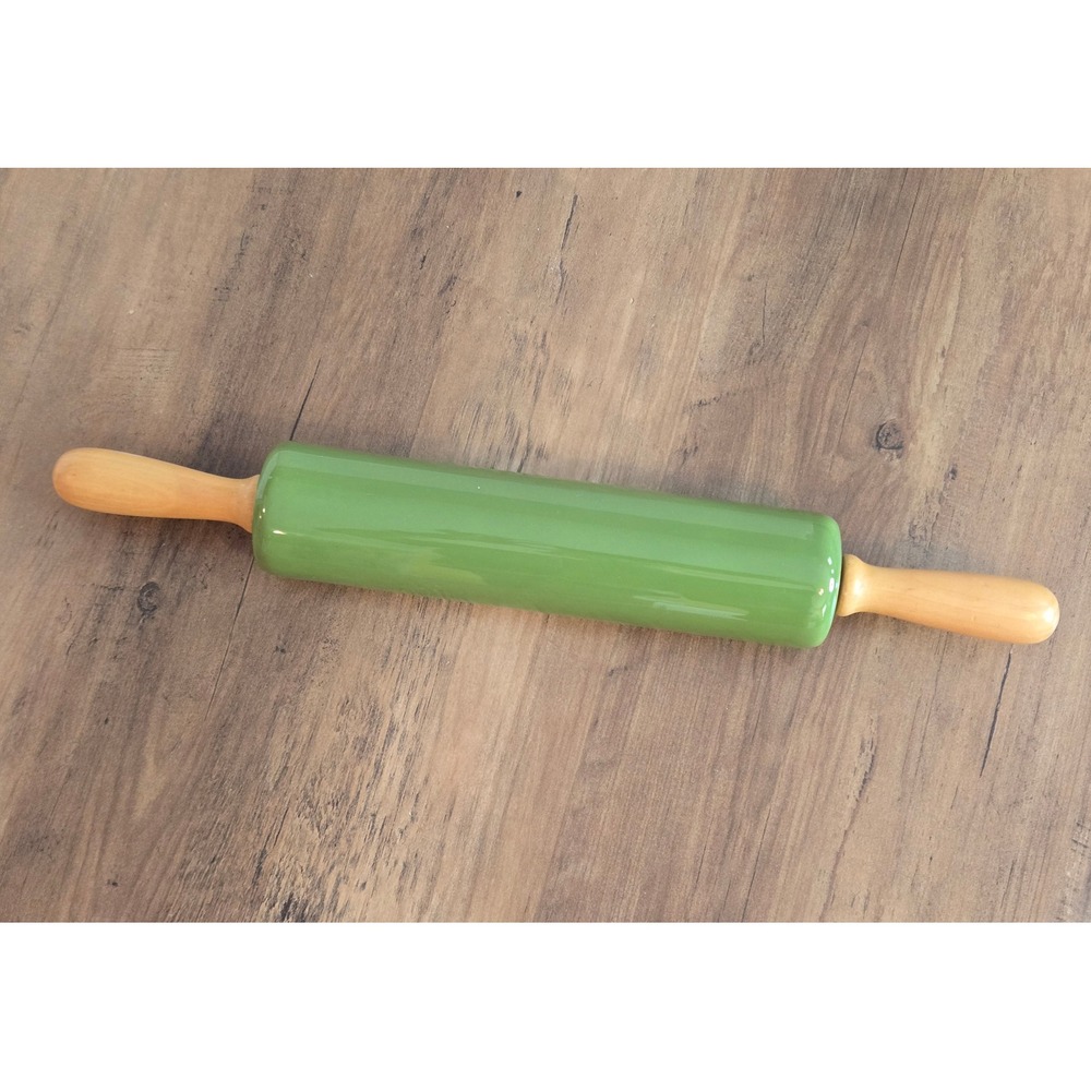 CounterArt Ceramic Rolling Pin Olive Green Glazed with Wood Handles 10" Barrel